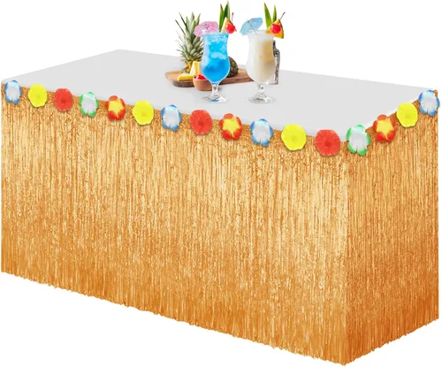 Vista 10 de Morcheiong Paquete de 1 falda de mesa de hierba Luau, 9 pies x 29.5 pulgadas, falda de mesa hawaiana para Tiki, selva, suministros de decoración