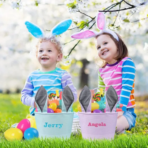 Vista 2 de Jocidea - Cesta de Pascua personalizada, cestas de conejo de Pascua para niños, color azul