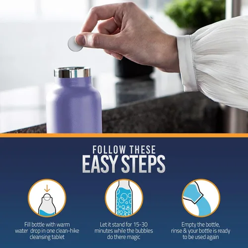 Vista 3 de CleanHike Tabletas de Limpieza para Botellas de Vaso - Ingredientes Completamente Naturales, Excelentes para Todos los Envases de Acero Inoxidable