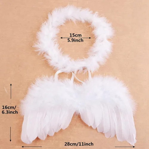 Vista 2 de Nishine Paquete de 2 alas de ángel de plumas blancas para recién nacidos, juego de diadema para bebé, cosplay, niñas, disfraz de fotografía