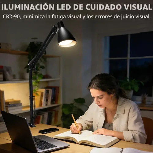 Vista 3 de Lámpara de escritorio con brazo oscilante con abrazadera, brazo ajustable con abrazadera LED en lámparas de escritorio con 5 modos de color y 10