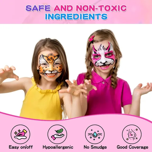 Vista 2 de Kit de pintura facial para niños y adultos, 12 x 10 gm, paleta de pintura facial con 9 brillos, 2 palitos de sombra de ojos, 2 esponjas y 6