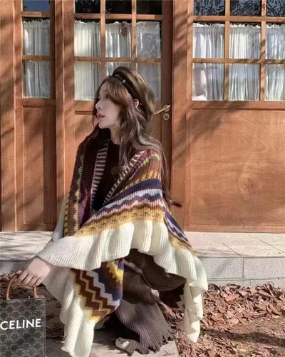 Vista 3 de LKYLIVE Capa de cuello alto para mujer con botón sin manga, elegante poncho de tela a cuadros con clase