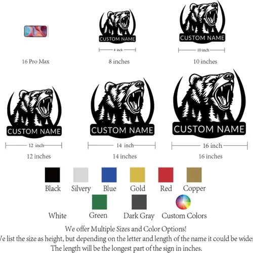 Vista 8 de Arte de pared de metal con oso grizzly de bosque, letreros personalizados con nombre de oso rugiente, decoración de pared personalizada de cabaña
