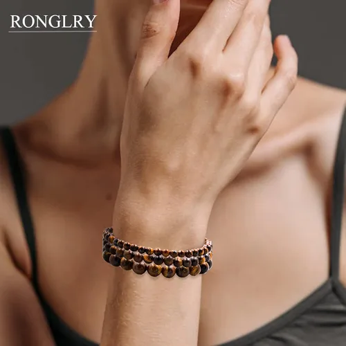 Vista 6 de Ronglry 3 pulseras de piedra natural para mujeres y hombres, pulseras de cuentas de cristal curativo, amatista espiritual, cuarzo rosa, chakras