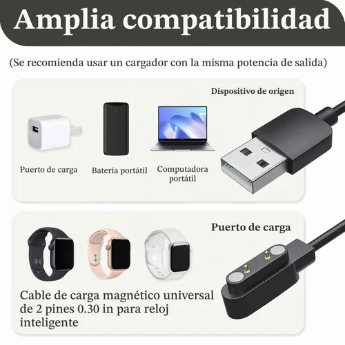 Vista 4 de Paquete de 2 cables de carga magnéticos para reloj inteligente, 2 pines de 0.300 in, cable de carga de repuesto compatible con reloj inteligente