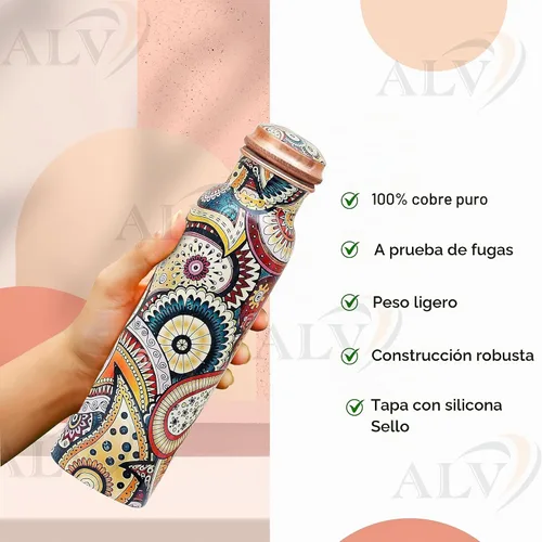 Vista 4 de ALV Botella de agua de cobre de 34 onzas, botella de agua grande de cobre para beber, recipiente multicolor ayurvédico 100% puro para botella