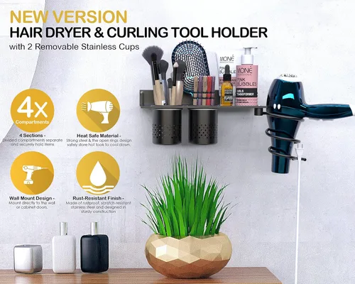 Vista 2 de MyLifeUNIT Soporte para secador de pelo, organizador de secadora de pelo montado en la pared con 2 tazas, estante de herramientas de peinado de baño