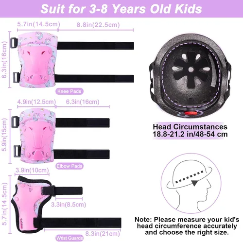 Vista 4 de Casco para niños, casco de bicicleta para niños pequeños con pegatinas DIY Unicornio, rodilleras y coderas ajustables, juego de protección para Rosa