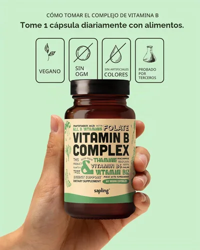 Vista 5 de sapling Complejo vegano de vitamina B, mezcla de alimentos integrales con vitaminas B esenciales B1, B2, B3, B5, B6, B7, folato, B12-60 cápsulas