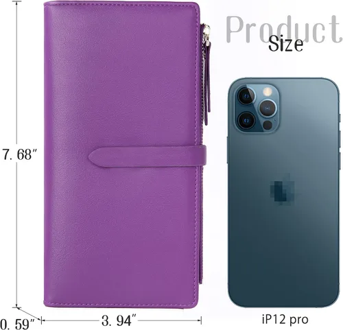 Vista 4 de KUKOO Billetera para mujer ultra delgada RFID para tarjetas de crédito con bolsillo con cremallera, Z- Morado oscuro