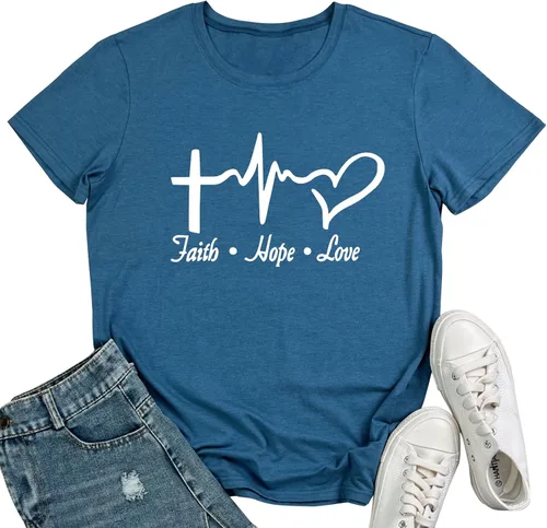 Vista 8 de MAXTREE - Camisetas con gráfico de fe, esperanza y amor para mujer, lindas camisetas Gris oscuro