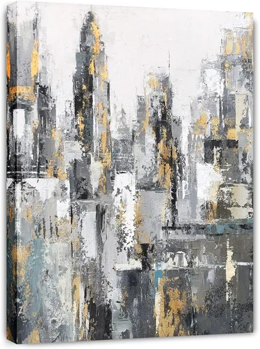 Vista 11 de Yihui Arts - Lienzo moderno de cielo abstracto en lienzo con lámina dorada para decoración del dormitorio