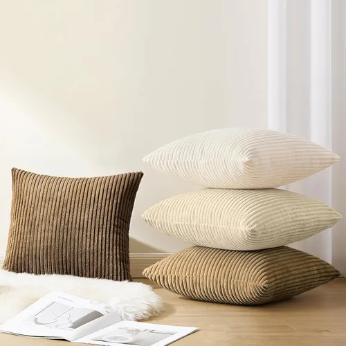 Vista 4 de Softalker Fundas Decorativas para Almohadas de Tiro 18 x 18 pulgadas, Juego de 4, Funda de Almohada de Pana Suave de Rayas Sólidas, Fundas