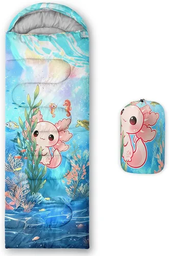 Vista 41 de QOOMO Axolotl - Lindos sacos de dormir para campamento, 3 estaciones, clima cálido y fresco, ligeros, impermeables, para adultos y niños, viajes