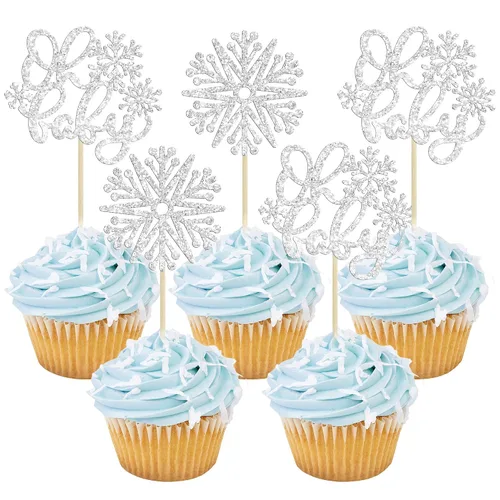 Vista 24 de Gyufise 24 adornos de copos de nieve Oh Baby para cupcakes con purpurina azul, decoración de pastel de baby shower congelado para baby shower