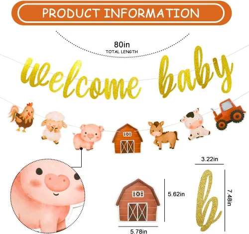 Vista 2 de Cartel de baby shower de animales de granja, decoración de fiesta temática. Decoraciones de fiesta de granero, decoraciones de animales de granja