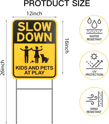Vista 2 de Letreros de "Slow Down" con estaca en H, 16 x 12 pulgadas, letrero de juego para niños y mascotas en los barrios de la calle, letreros de seguridad