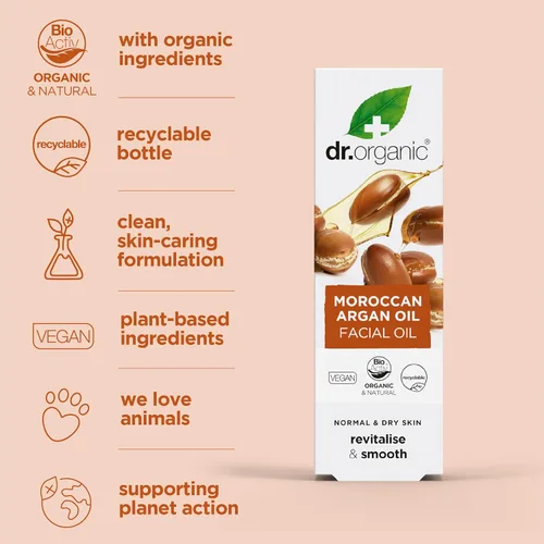 Vista 5 de Dr. Organic Aceite facial de argán marroquí Nutritivo para un envejecimiento saludable, no grasoso, suaviza y repone la piel, natural, vegano