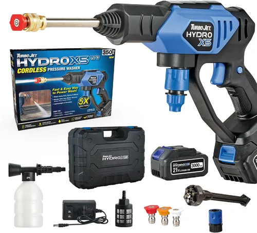 Vista 2 de Ontel Turbo Jet HydroX5 Pro Lavadora a presión inalámbrica portátil (batería de 21 V 3000 mAh), boquilla 6 en 1, fuente de agua doble, manguera