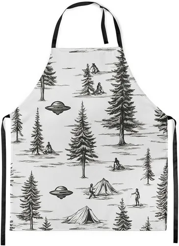 Vista 8 de Castle Fairy Delantal de cocina Alien UFO Retro Jungle Sketch Delantal Blue Black