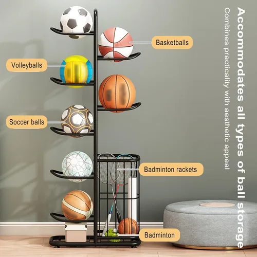 Vista 2 de Estante vertical de bolas para garaje, soporte vertical de exhibición de baloncesto para interiores y exteriores, estante de almacenamiento