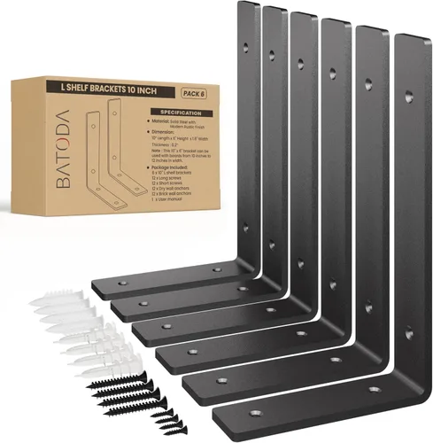 Vista 9 de BATODA Paquete de 6 soportes de estante resistentes de 8 pulgadas de largo - Soportes de estante en L negros - Soportes de gancho para estantes