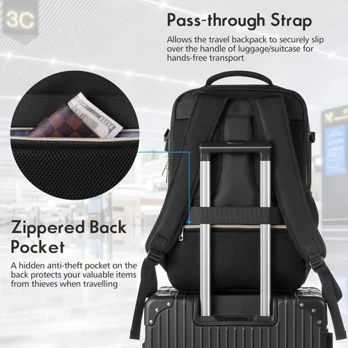 Vista 4 de MOMUVO Mochila de viaje para mujer, mochila de mano aprobada por aerolíneas, mochila para laptop de 15.6 pulgadas con puerto de carga USB, mochila