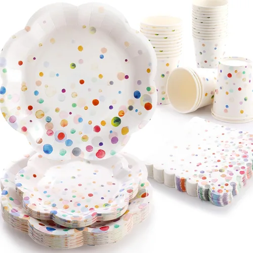 Vista 9 de Juego de 350 platos de papel floral, platos desechables con borde dorado para 50 invitados, suministros de fiesta para adultos, jardín, fiesta