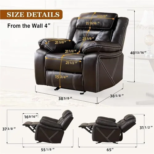 Vista 2 de Breathable Leather Rocking Recliner Chair with Heat and Massage, Single Seat Sofa for Home Theater Living Room, Comfortable Adult Recliner for