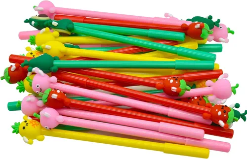 Vista 9 de Maydahui 28 bolígrafos con forma de frutas, lindos bolígrafos kawaii, tinta de gel negra, fresa, piña, jugoso, melocotón, aguacate, diseño