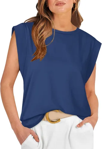 Vista 26 de WIHOLL Camisetas de mangas casquillo para mujer, camisetas básicas de verano, camisetas informales sin mangas, ajuste holgado, a la moda D - Raya
