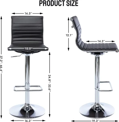 Vista 2 de LZAREAL Juego de 2 taburetes de bar de metal con altura ajustable, diseño moderno de piel sintética negra, con base cromada, para isla de cocina