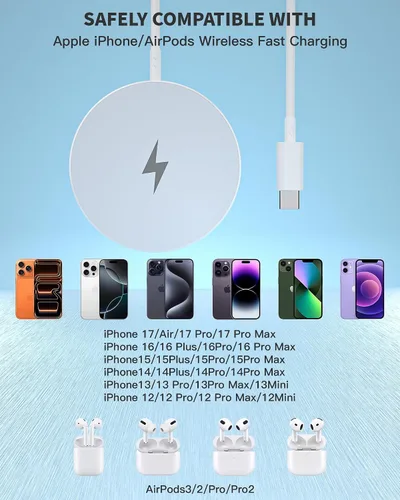 Vista 7 de Cargador magnético inalámbrico, paquete de 2 cargadores rápidos Apple Mag-Safe para iPhone, almohadilla de carga plana segura para iPhone 17Pro