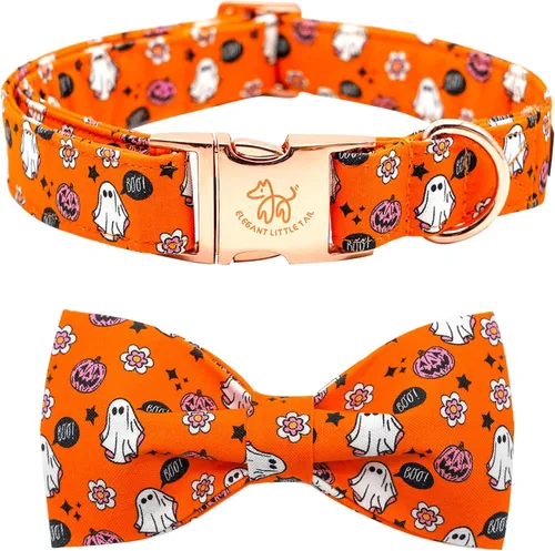 Vista 12 de Elegant little tail Collar de perro de Halloween, collares de perro de otoño naranja calabaza collar de mascota festivo collar de corbatín