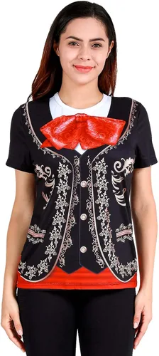 Vista 5 de Funny World Camisetas de mariachi para mujer, disfraz de fiesta mexicana de manga corta