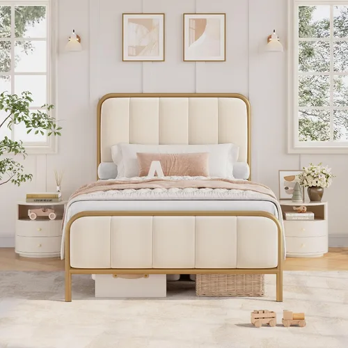 Vista 4 de HITHOS Base de cama tamaño individual con cabecera tapizada con botones, base de colchón de metal resistente con listones de madera, fácil