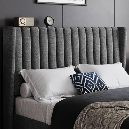 Vista 3 de Topeakmart Base de cama tapizada con cabecera de diseño de alas y base de colchón, soporte de listones de madera, no necesita somier
