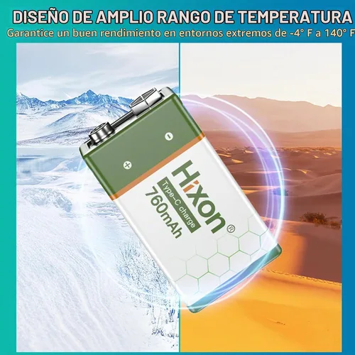 Vista 6 de Hixon Baterías de litio recargables USB de 9 V, baterías de iones de litio de larga duración de 760 mAh de 9 voltios con cable de carga tipo C