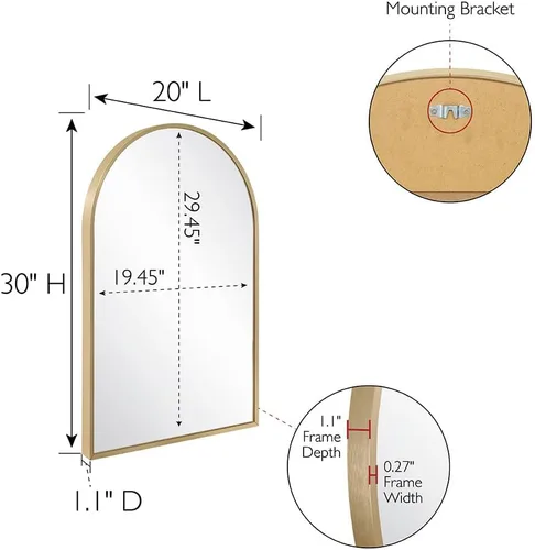 Vista 5 de Design House Maeve 596528-GLD - Espejo decorativo de pared arqueado, 30 pulgadas de alto x 20 pulgadas de largo, marco de metal moderno, para sala
