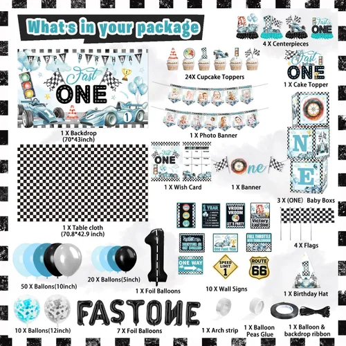 Vista 2 de Fast One - Decoraciones de cumpleaños para niños, 143 piezas de suministros de decoración de primera fiesta de carreras para bebé, pancarta