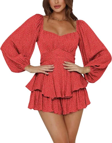 Vista 24 de LYANER Mono de Mujer de Manga Farol Larga con Volantes en Capas y Lazo Mini Corto Romper