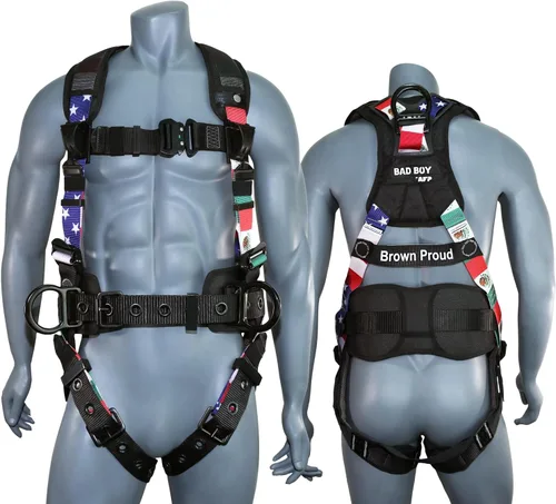 Vista 8 de AFP Arnés de seguridad de cuerpo completo de protección contra caídas Premium, cinturón de soporte de 8" de grosor, anillos en D de aluminio Bandera