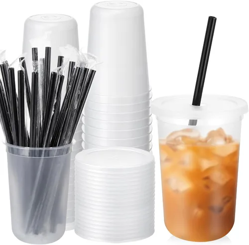 Vista 8 de Lounsweer 15 vasos transparentes reutilizables con tapas y pajitas, 12 Rosa