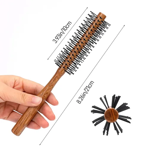 Vista 4 de Cepillo redondo con punta de bola con mango de madera y cerdas de nailon para cabello corto, flequillo, barbas de hombres y secado por soplado