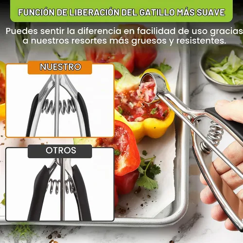 Vista 8 de Spring Chef - Cuchara de melón de acero inoxidable extra pequeña, #100, color negro Mini Cookie Scoop for Baking with Trigger Release, Watermelon