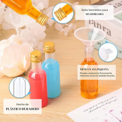 Vista 3 de Yinder Juego de 100 mini botellas de licor de 1.7 onzas a granel pequeñas botellas vacías de plástico con tapas, embudos de papel Kraft, cuerdas
