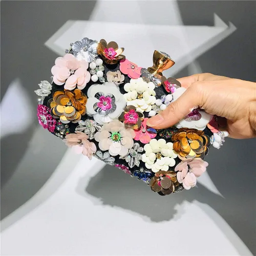 Vista 6 de Rkrouco Bolso de mano floral para mujer, bolso de mano de flores coloridas con diamantes de imitación de metal
