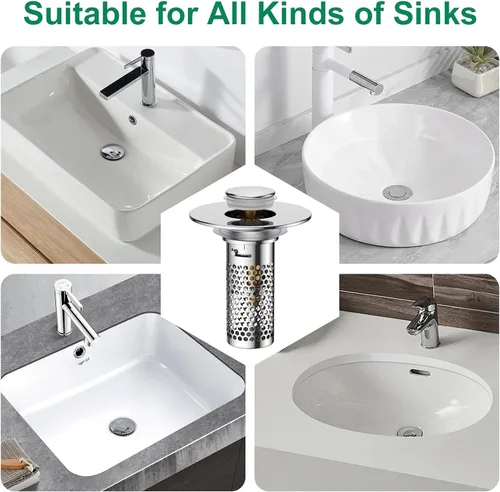 Vista 8 de Colador de drenaje para lavabo de baño, tapón emergente para lavabo atrapa cabellos, cesta de filtro de drenaje de acero inoxidable Ysilver-2