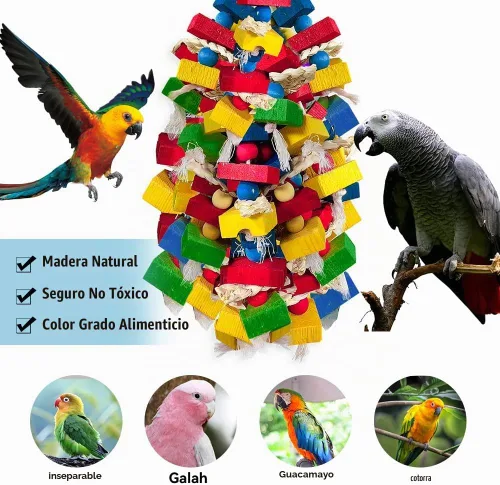 Vista 4 de Juguetes de loros para pájaros grandes, bloques de madera multicolor para masticar, jaula de loro, juguete para mordeduras para guacamayos